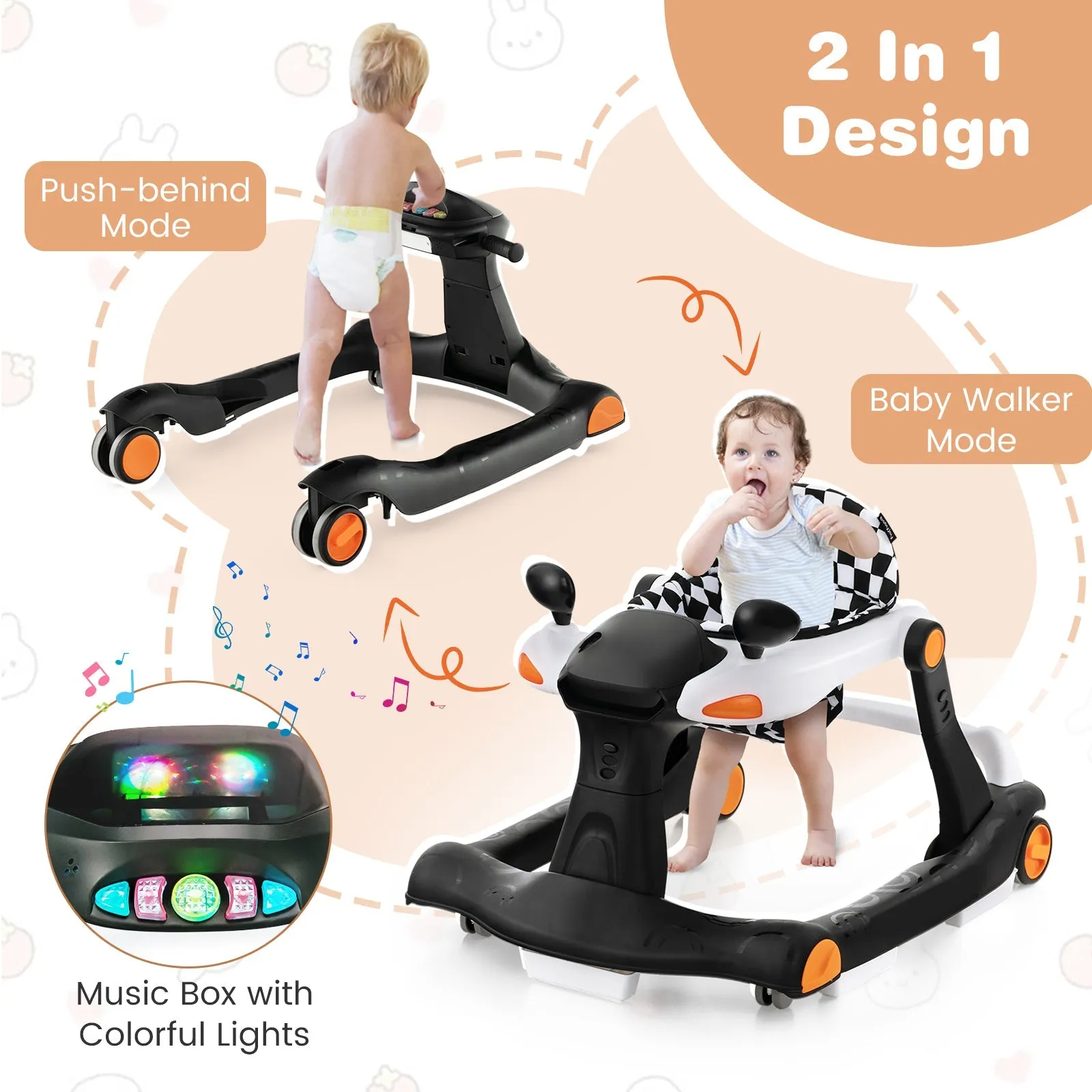 2-in-1 Foldable Baby Walker with Adjustable Height and Speed-Black &amp; White