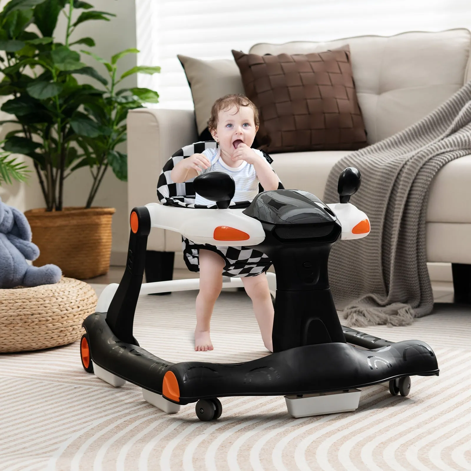 2-in-1 Foldable Baby Walker with Adjustable Height and Speed-Black &amp; White