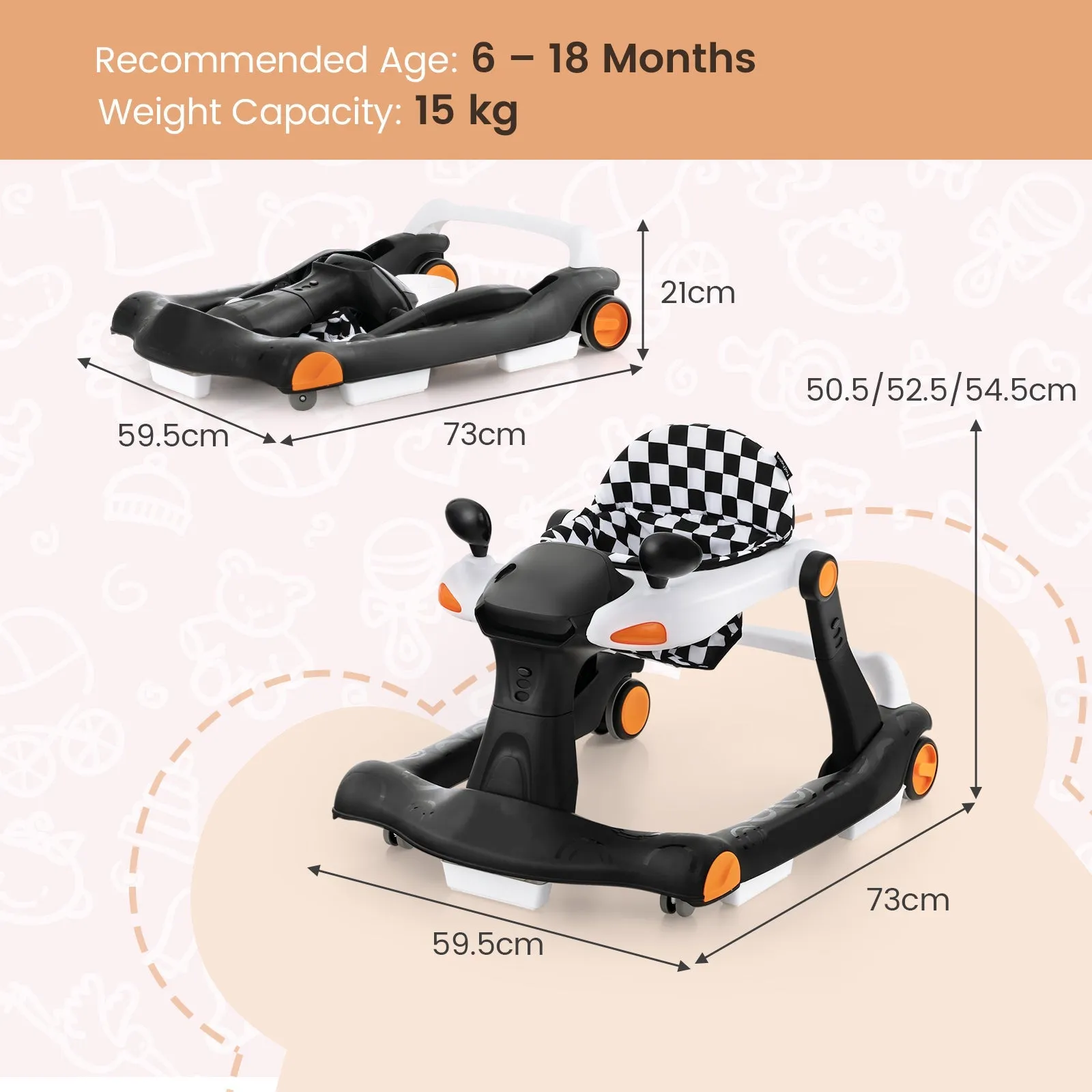 2-in-1 Foldable Baby Walker with Adjustable Height and Speed-Black &amp; White