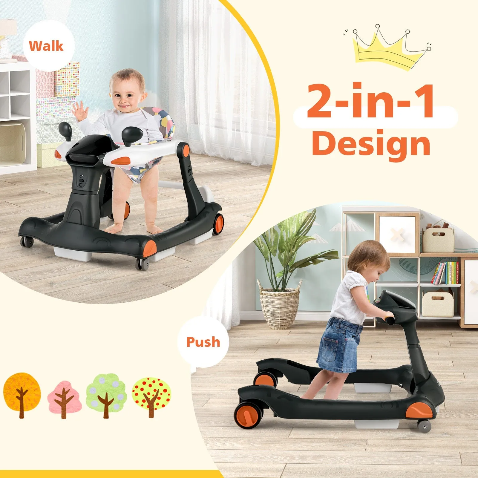 2-in-1 Foldable Baby Walker with Adjustable Height and Speed-Black