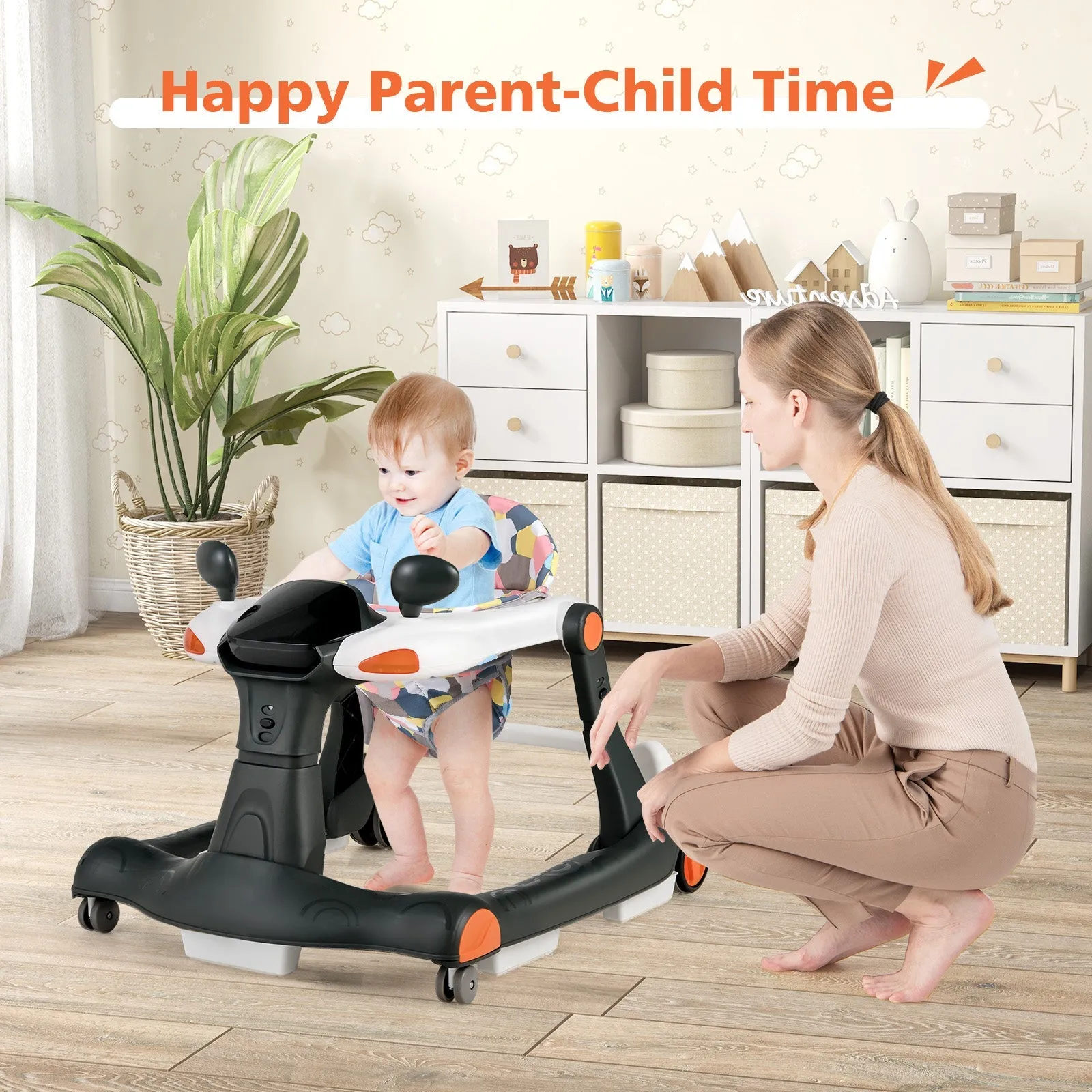 2-in-1 Foldable Baby Walker with Adjustable Height and Speed-Black