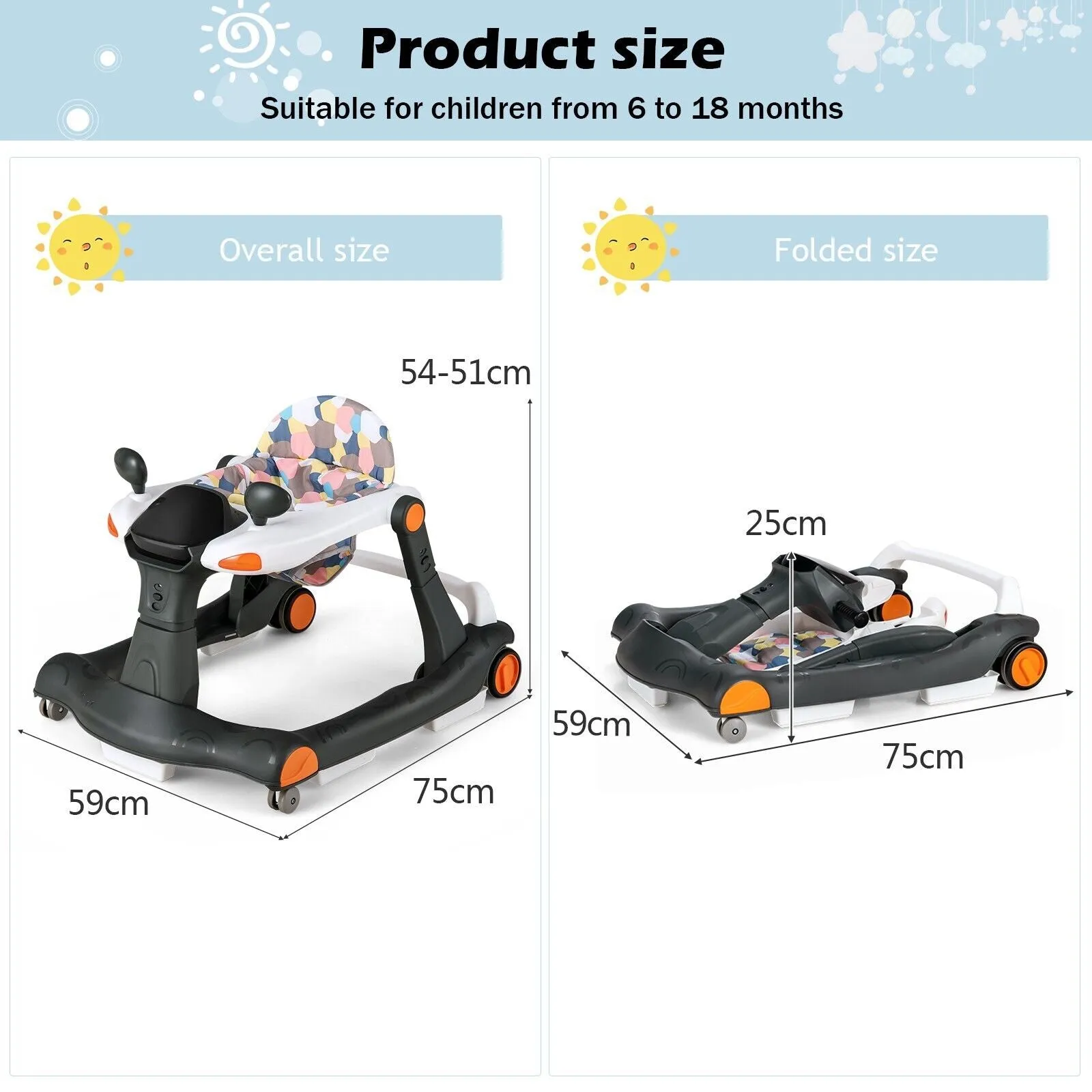 2-in-1 Foldable Baby Walker with Adjustable Height and Speed-Dark Grey