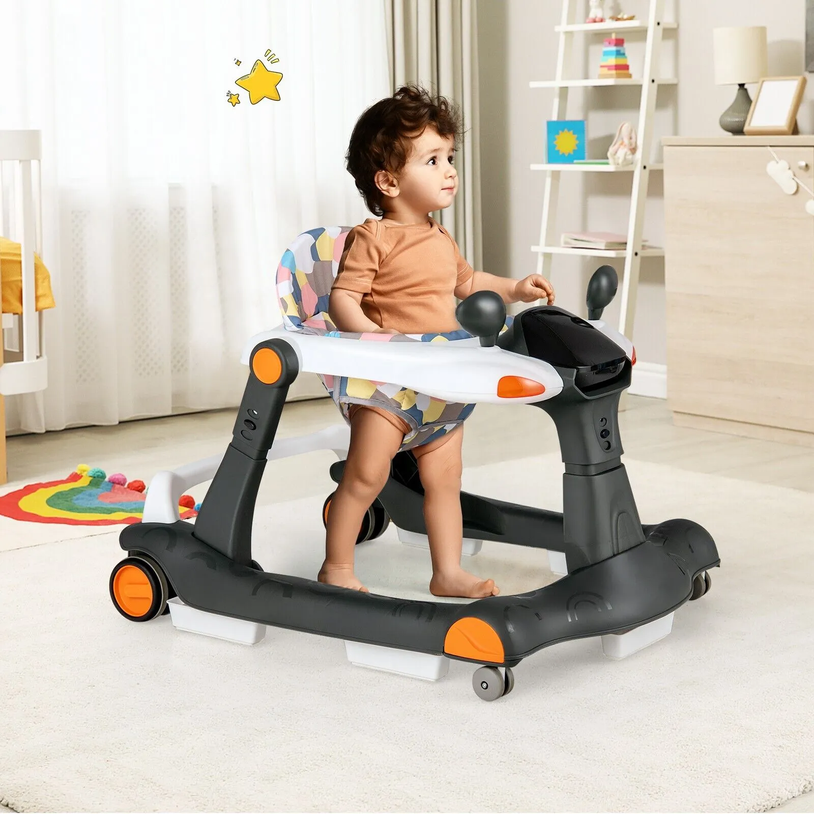 2-in-1 Foldable Baby Walker with Adjustable Height and Speed-Dark Grey