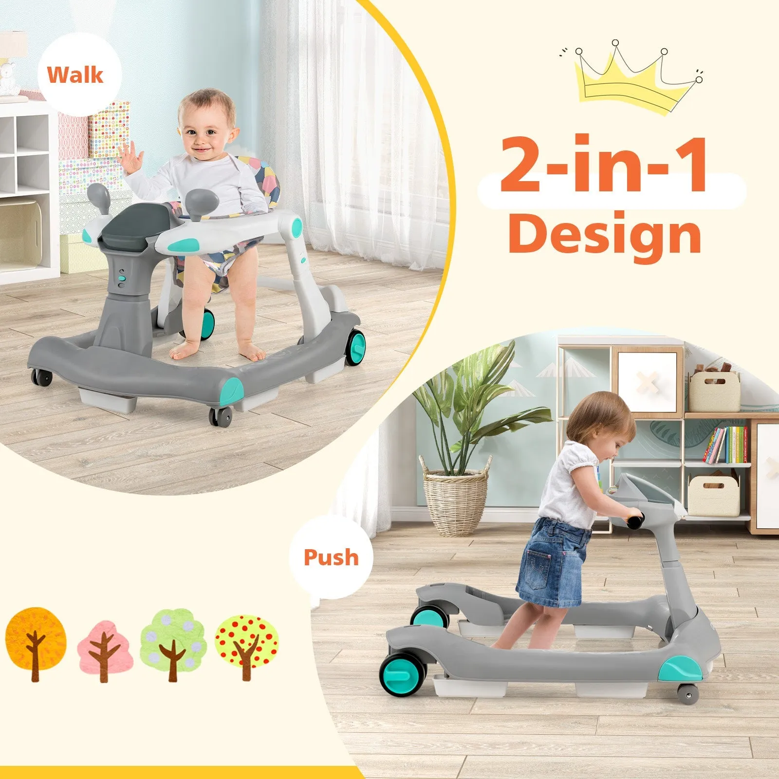 2-in-1 Foldable Baby Walker with Adjustable Height and Speed-Light Grey