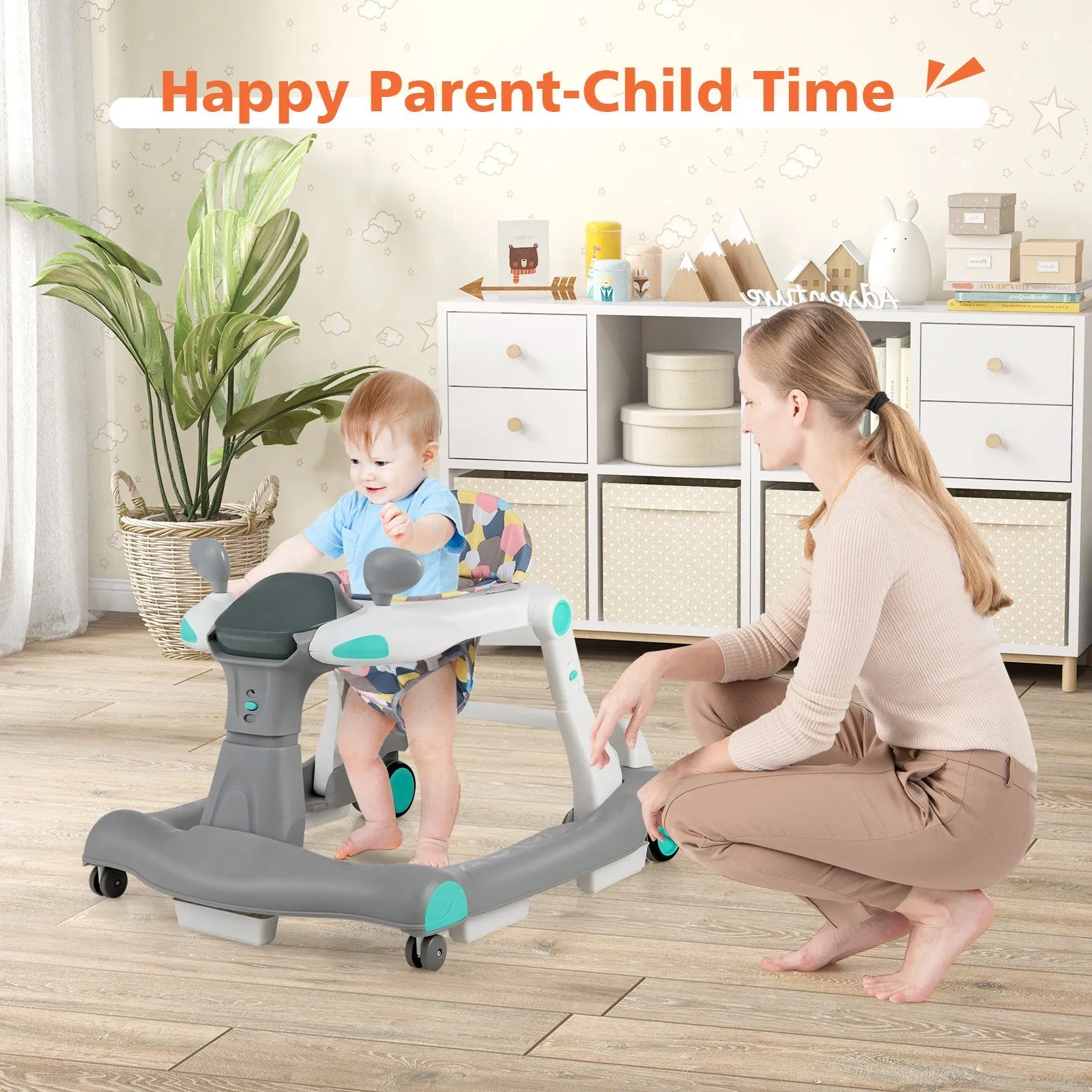 2-in-1 Foldable Baby Walker with Adjustable Height and Speed-Light Grey