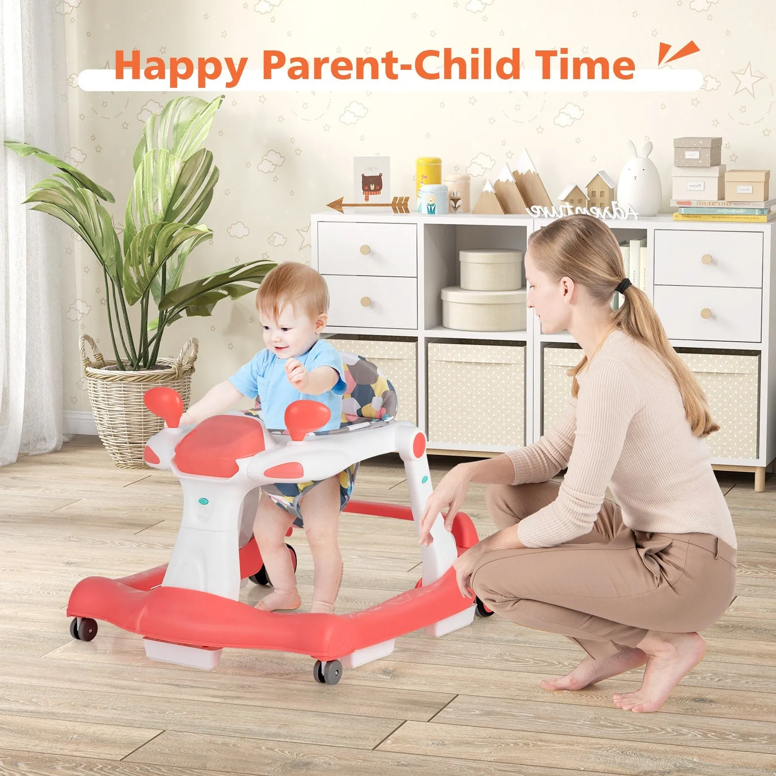 2-in-1 Foldable Baby Walker with Adjustable Height and Speed-Orange