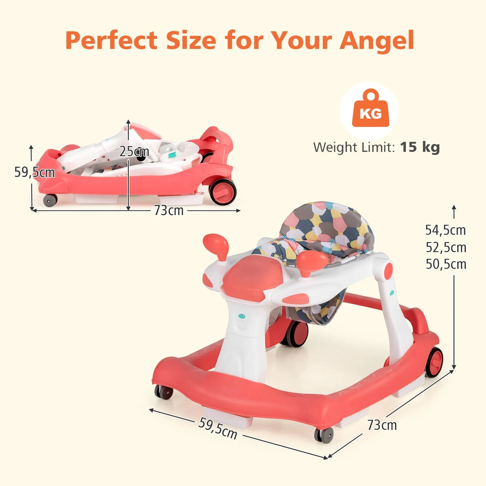 2-in-1 Foldable Baby Walker with Adjustable Height and Speed-Orange