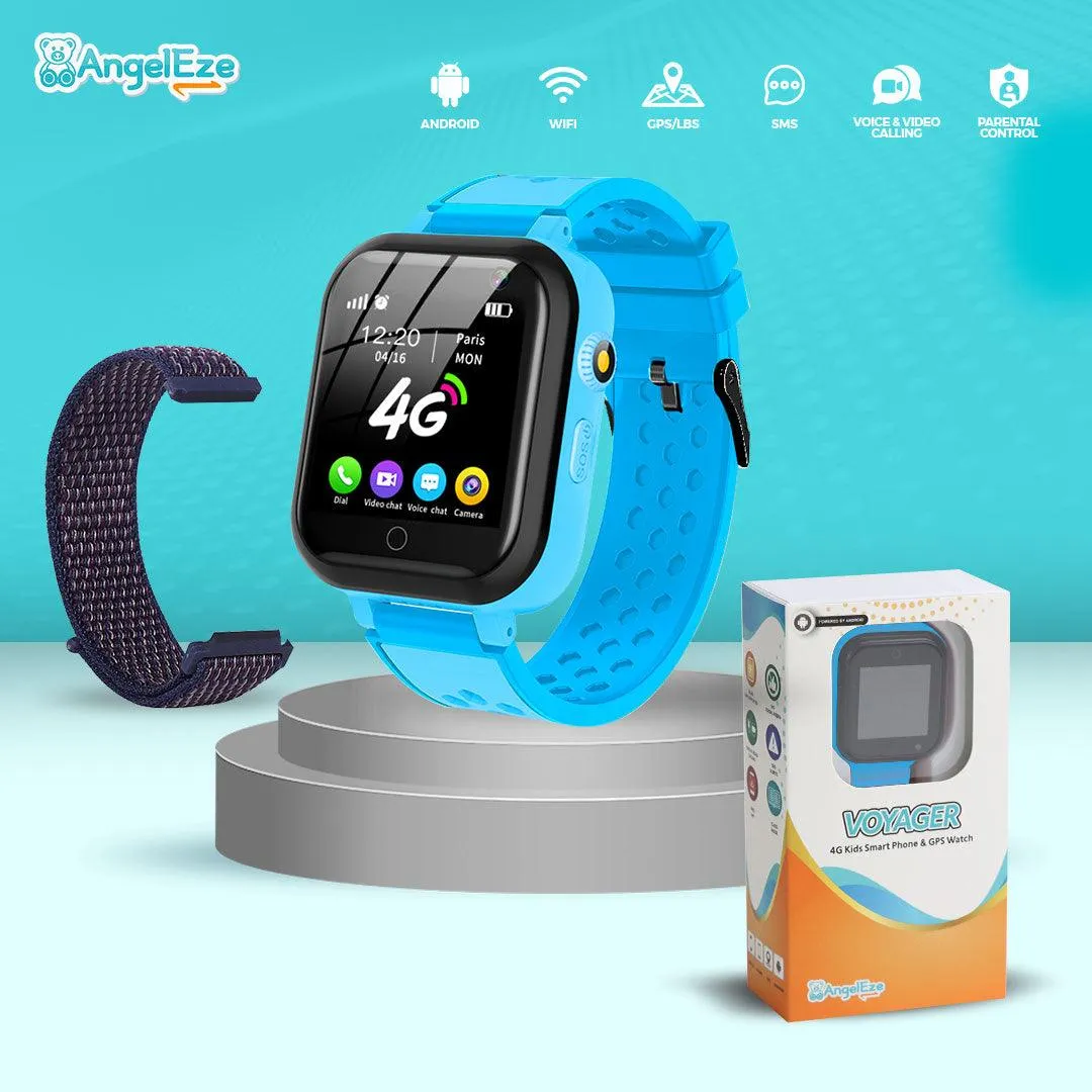 Voyager 4G LTE Android Kids Smart Watch - 512MB RAM, 4GB Storage, SMS, WiFi, GPS Tracking, Video Calling, IP67 Waterproof